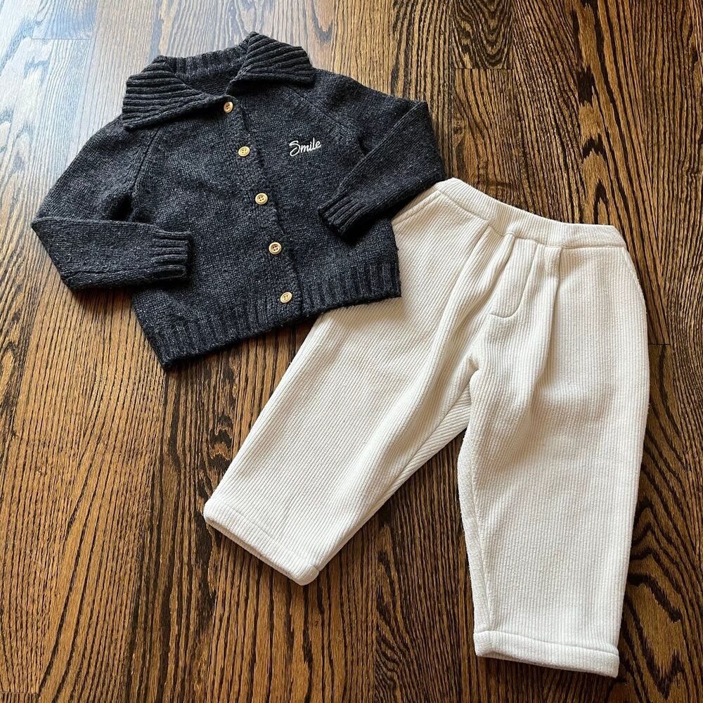 Gray Smiley Face Knit Sweater and  Fleece Lined Pants Set (100cm 2-3Y)